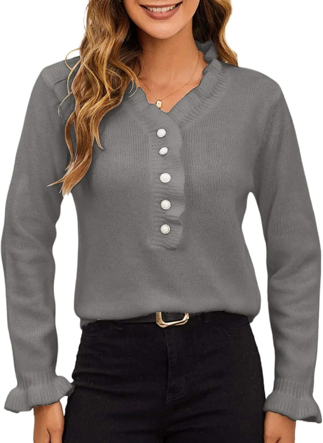 MakeMeChic Women's Pearl Beaded Long Sleeve Sweater V Neck Ruffle Trim Knitted Pullover Tops