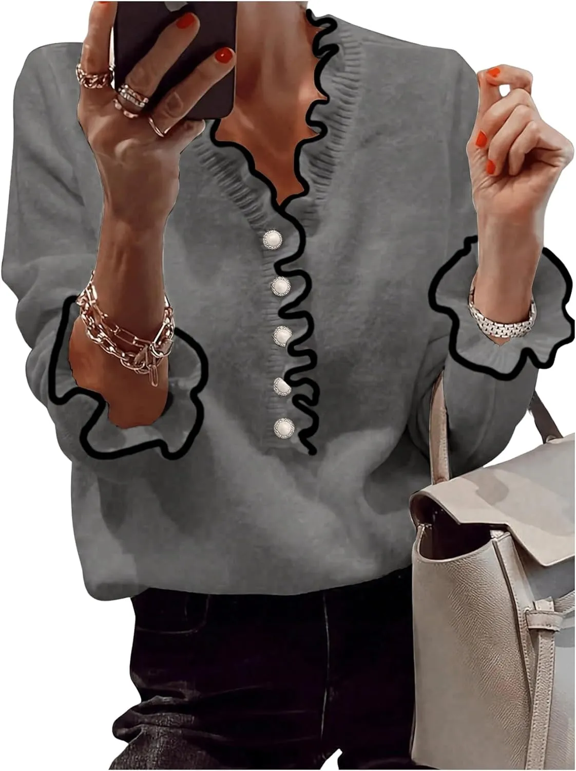 MakeMeChic Women's Pearl Beaded Long Sleeve Sweater V Neck Ruffle Trim Knitted Pullover Tops