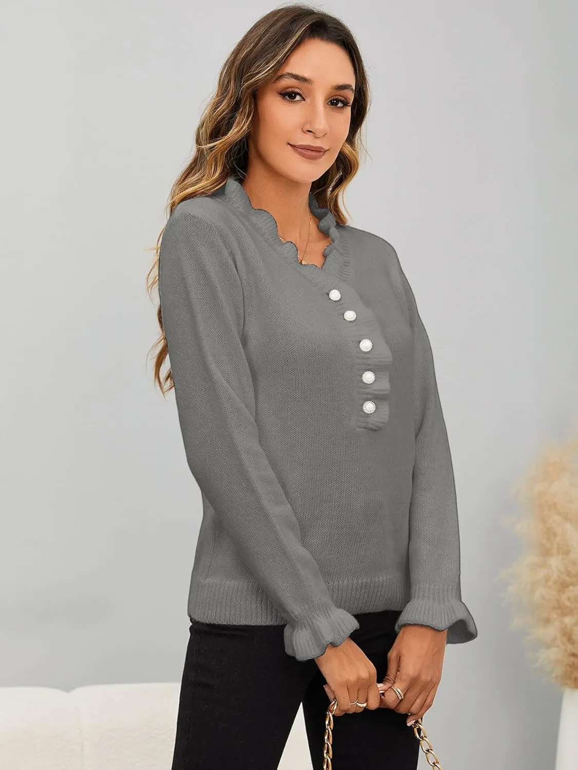 MakeMeChic Women's Pearl Beaded Long Sleeve Sweater V Neck Ruffle Trim Knitted Pullover Tops