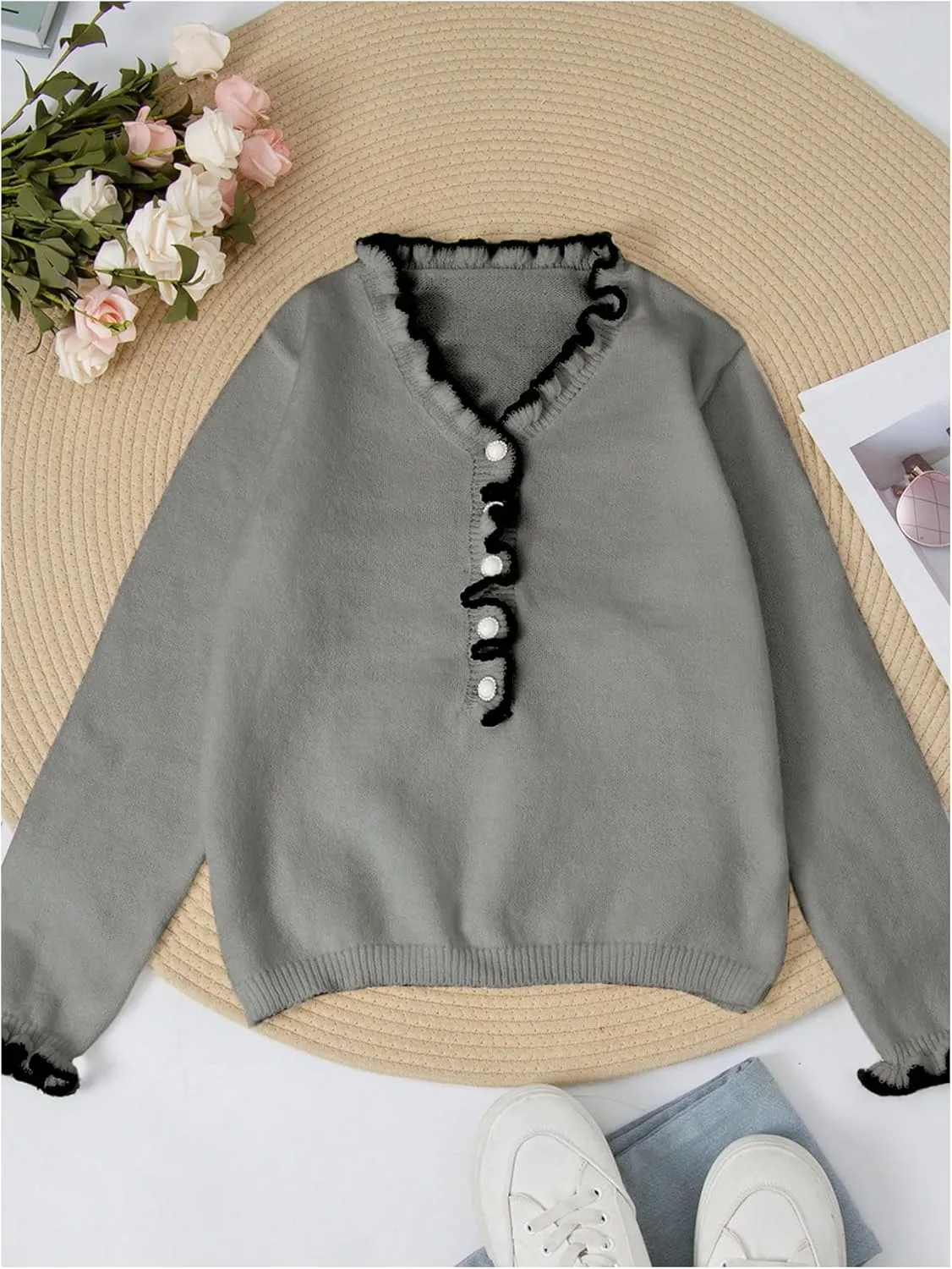 MakeMeChic Women's Pearl Beaded Long Sleeve Sweater V Neck Ruffle Trim Knitted Pullover Tops
