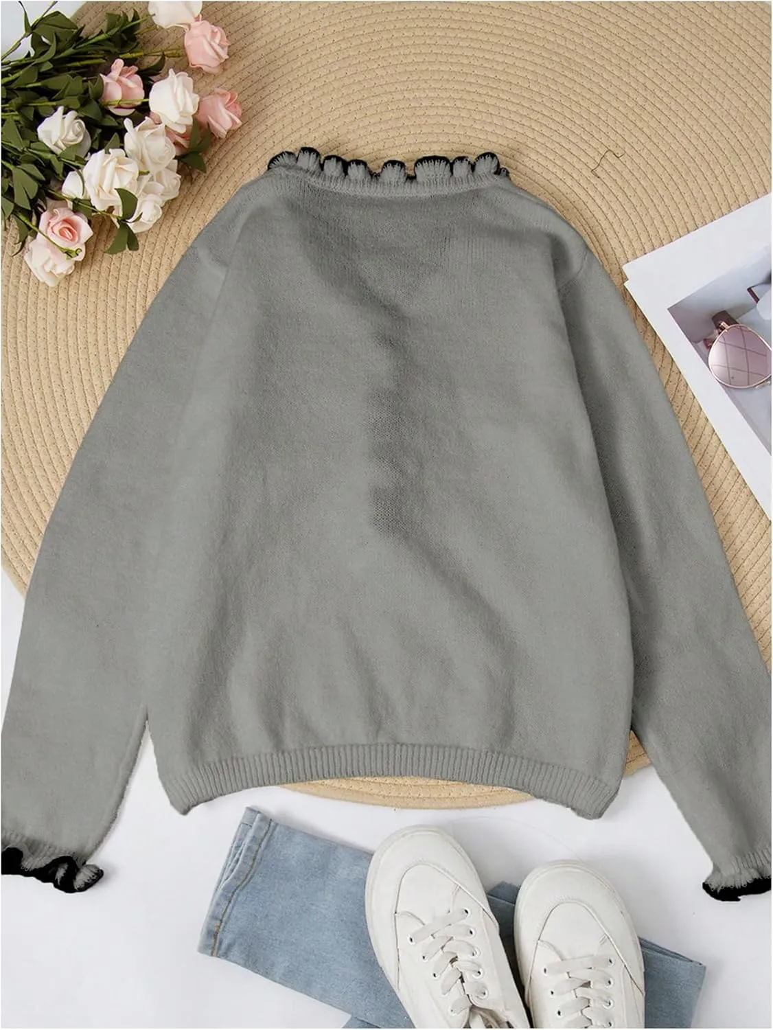 MakeMeChic Women's Pearl Beaded Long Sleeve Sweater V Neck Ruffle Trim Knitted Pullover Tops