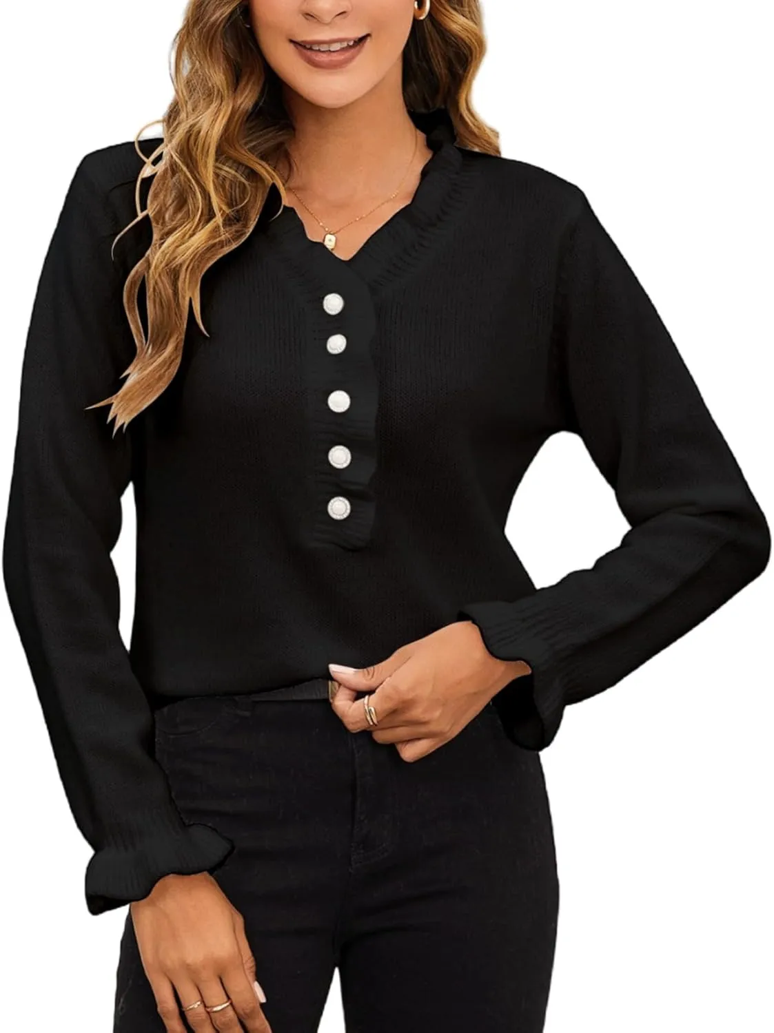MakeMeChic Women's Pearl Beaded Long Sleeve Sweater V Neck Ruffle Trim Knitted Pullover Tops