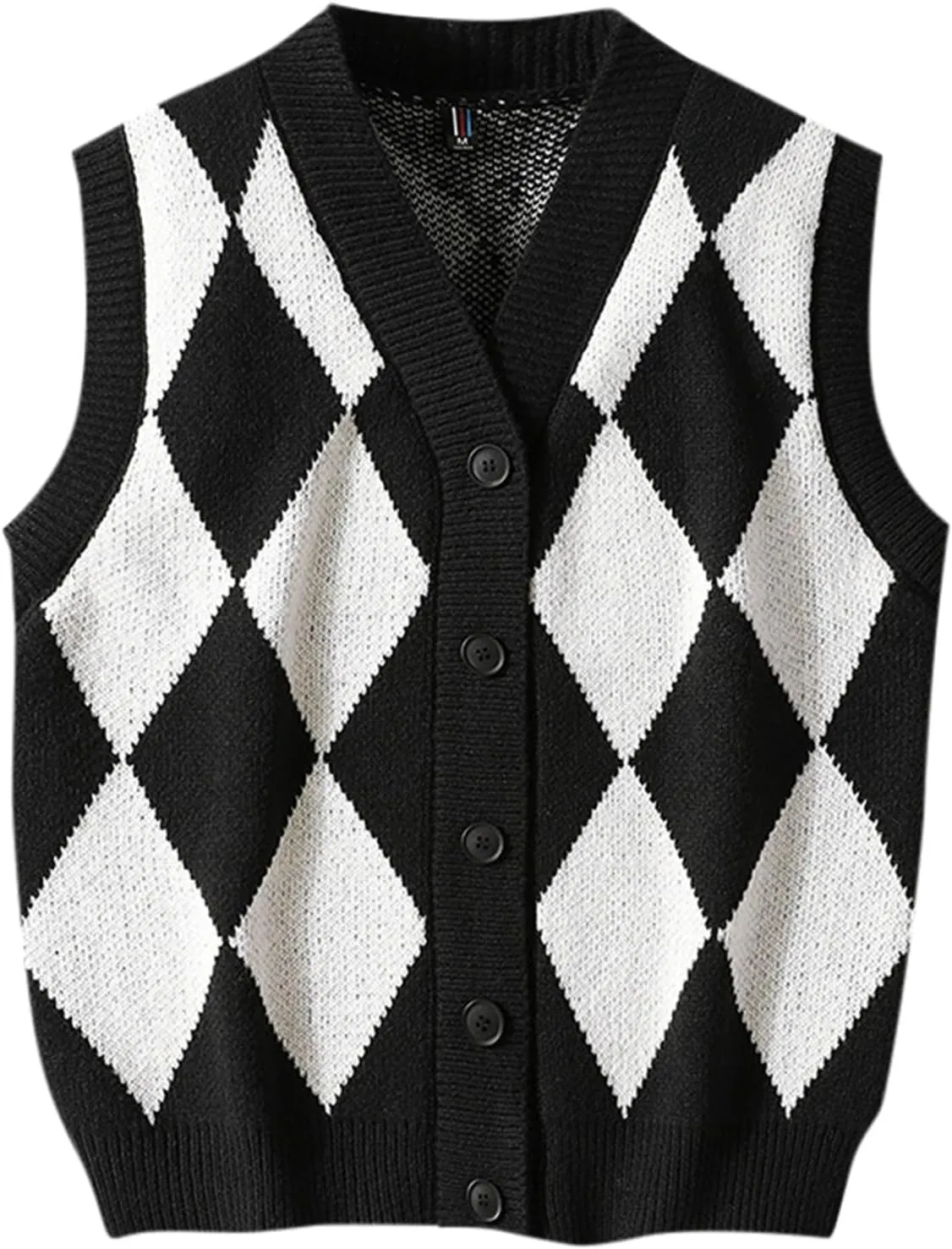 Men's Argyle Sweater Vest Button Down V Neck Sleeveless Fall Cardigan Casual Knitted Slim Fit Jumper Tops