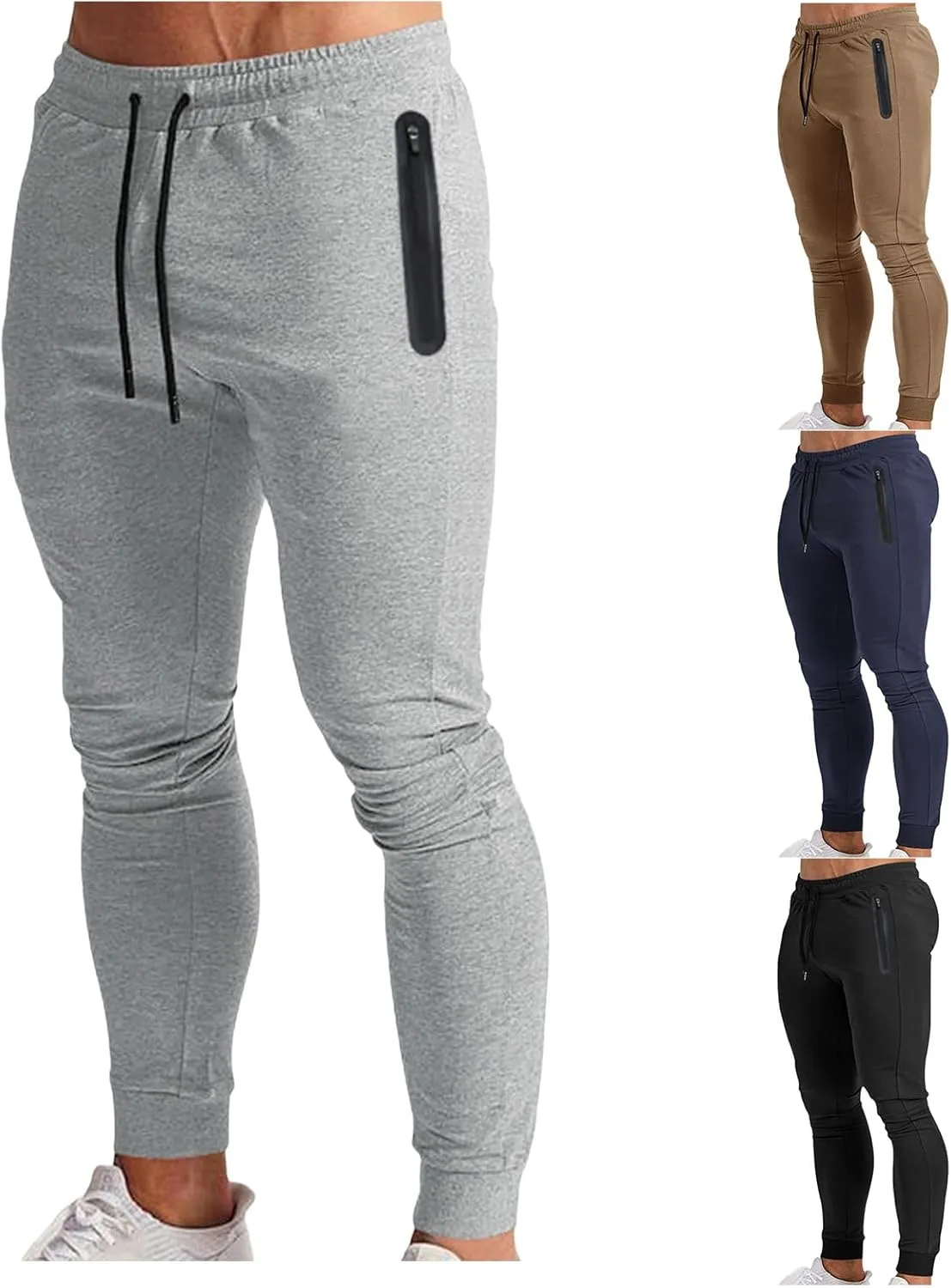 Mens Gym Jogger Pants Drawstring Stretch Workout Training Pants Slim Fit Bodybuilding Sweatpants with Zipper Pockets