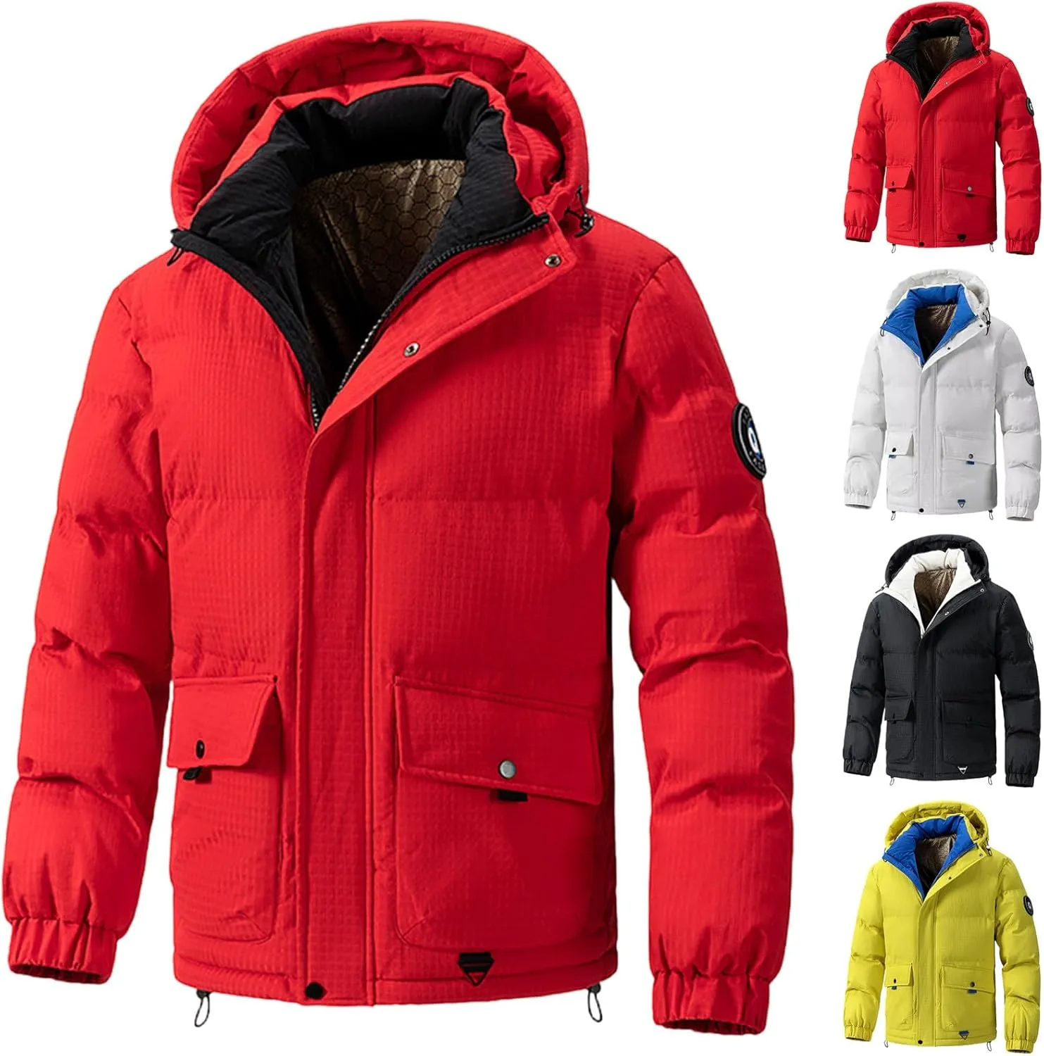 Men's Hooded Puffer Jacket Winter Coat Warm Thickened Zip Up Solid Color Coats Quilted Padded Down Jacket with Pockets