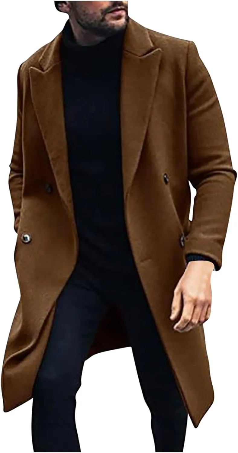 Men's Premium Wool Blend Double Breasted Mid Length Pea Coat Classic Winter Notched Lapel Long Sleeve Overcoats with Pockets