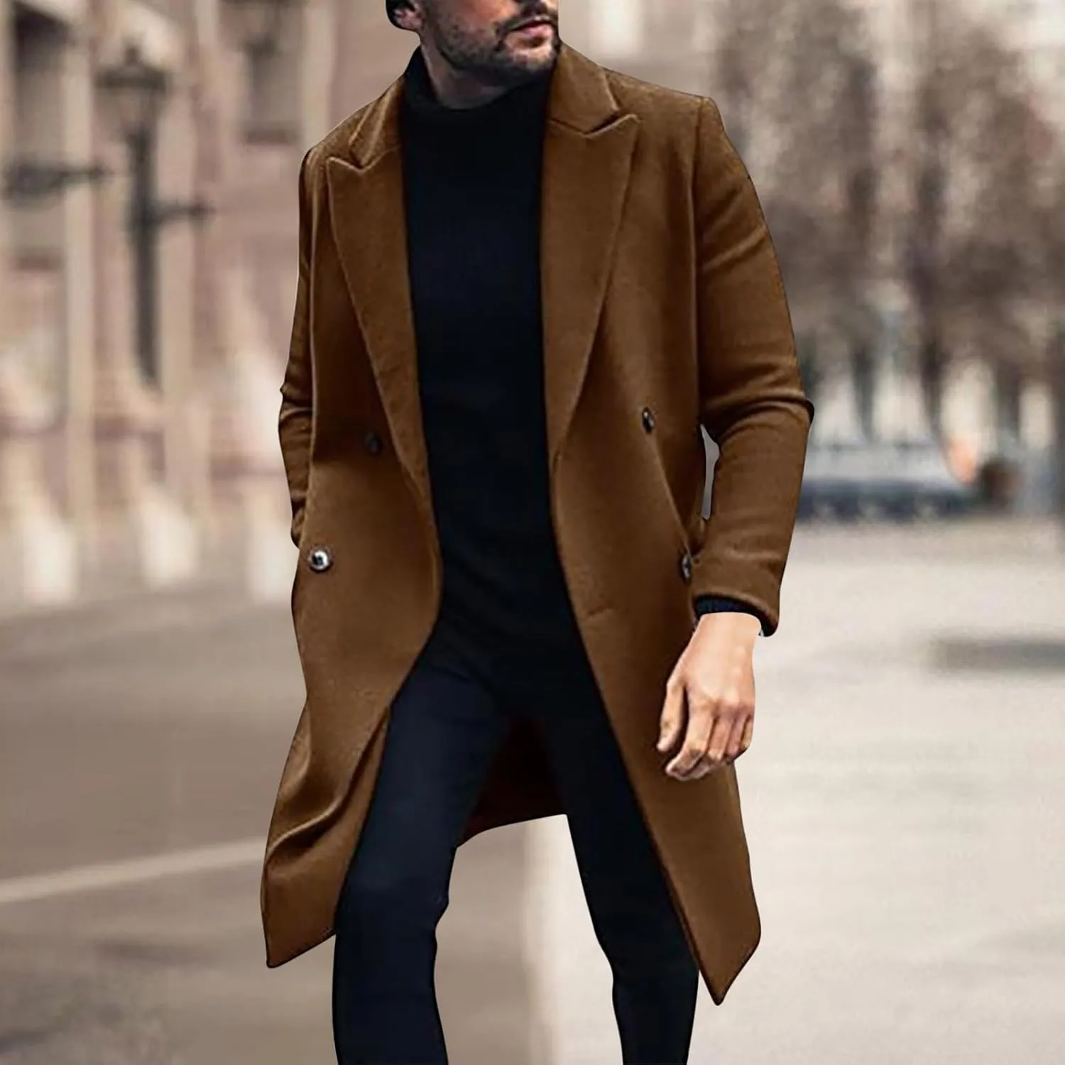 Men's Premium Wool Blend Double Breasted Mid Length Pea Coat Classic Winter Notched Lapel Long Sleeve Overcoats with Pockets