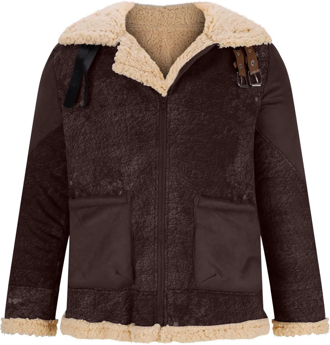 Men's Vintage Faux Suede Jacket Plush Collar Coats Sherpa Fleece Lined Zip Up Motorcycle Jackets Coat Retro Tops