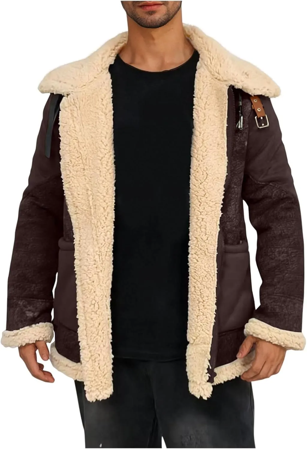 Men's Vintage Faux Suede Jacket Plush Collar Coats Sherpa Fleece Lined Zip Up Motorcycle Jackets Coat Retro Tops
