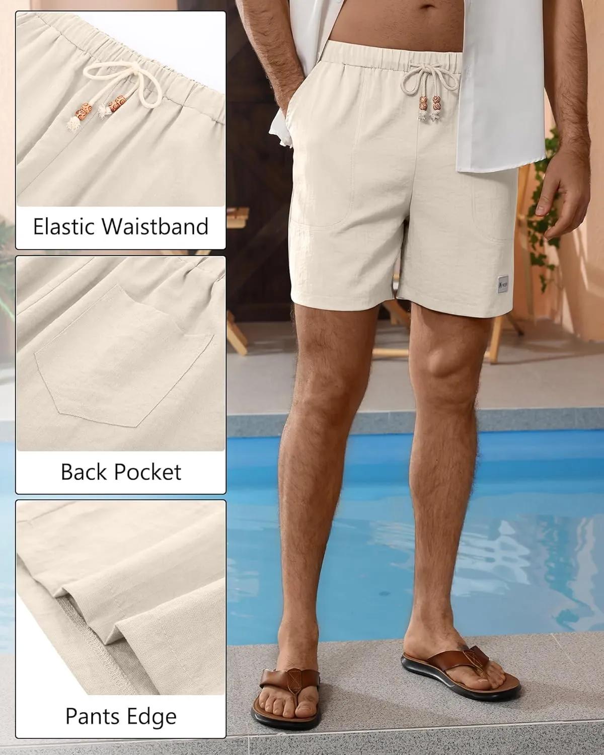 Neer 2 Pack Men's Linen Casual Shorts Elastic Waist Drawstring with Pockets Baggy Short Stretch Summer Athletic Beach Pants