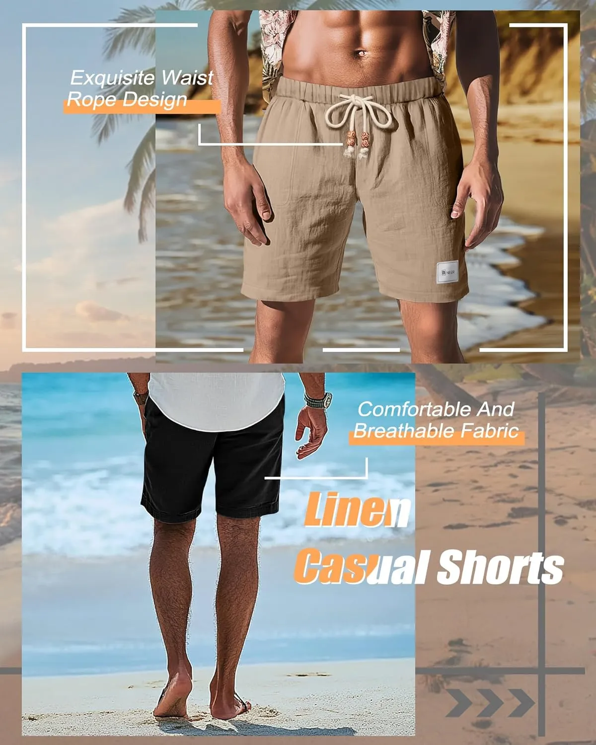 Neer 2 Pack Men's Linen Casual Shorts Elastic Waist Drawstring with Pockets Baggy Short Stretch Summer Athletic Beach Pants
