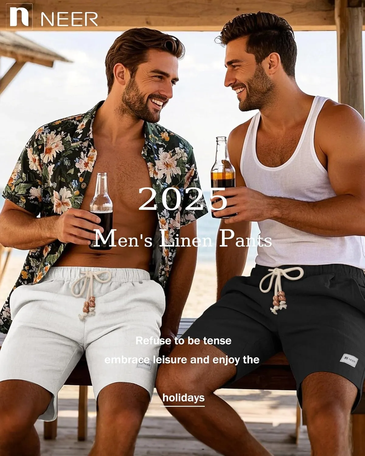 Neer 2 Pack Men's Linen Casual Shorts Elastic Waist Drawstring with Pockets Baggy Short Stretch Summer Athletic Beach Pants