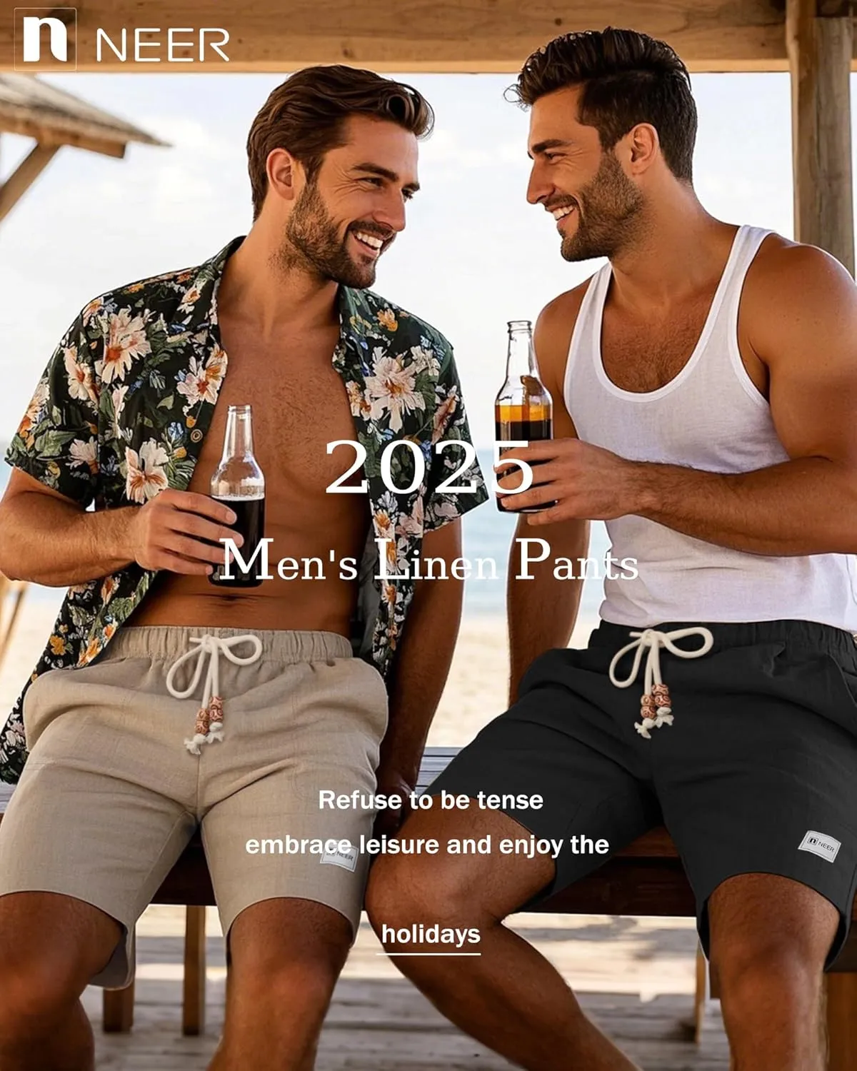 Neer 2 Pack Men's Linen Casual Shorts Elastic Waist Drawstring with Pockets Baggy Short Stretch Summer Athletic Beach Pants