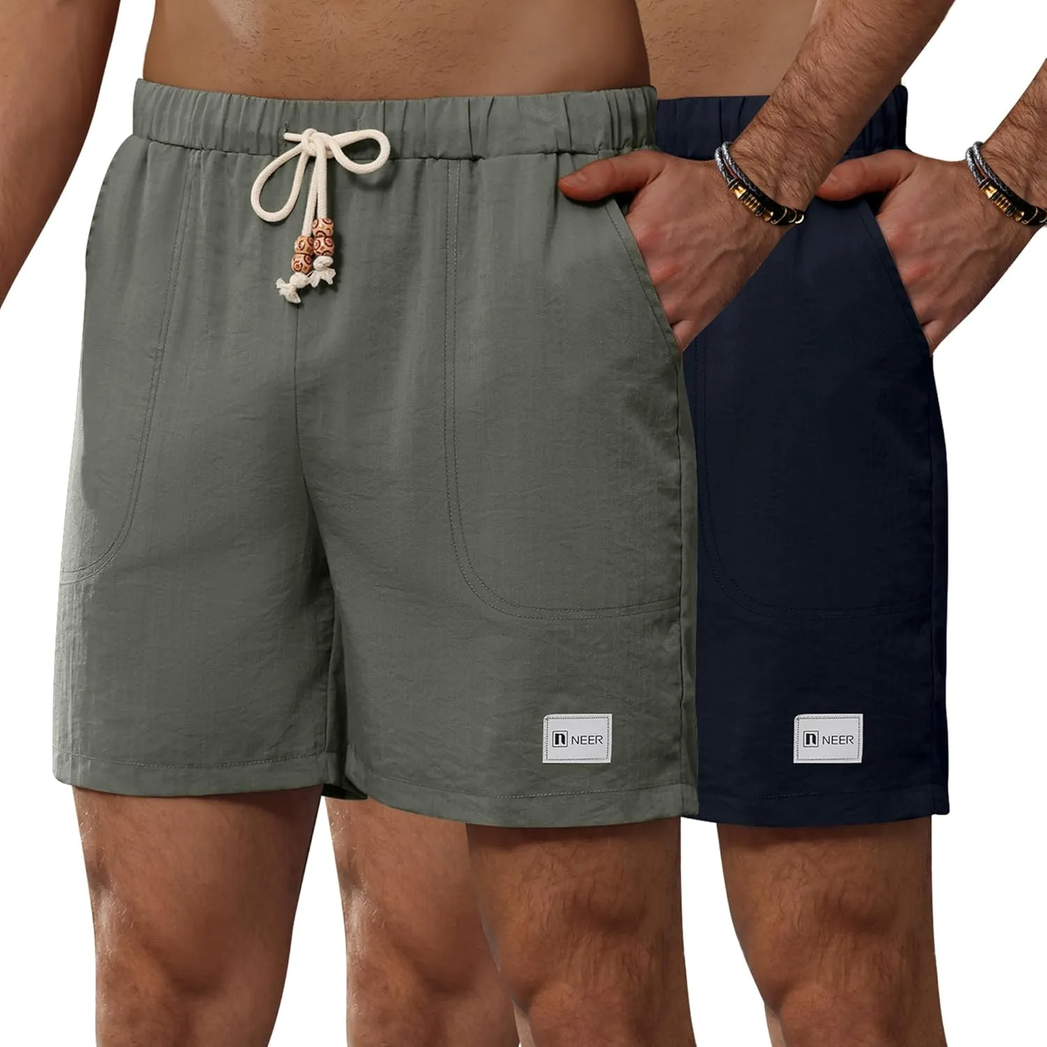 Neer 2 Pack Men's Linen Casual Shorts Elastic Waist Drawstring with Pockets Baggy Short Stretch Summer Athletic Beach Pants
