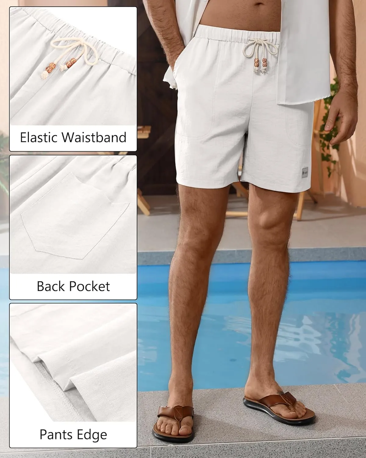Neer 2 Pack Men's Linen Casual Shorts Elastic Waist Drawstring with Pockets Baggy Short Stretch Summer Athletic Beach Pants
