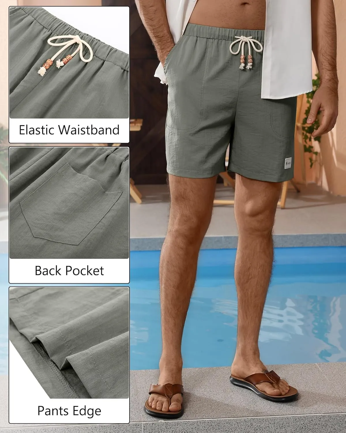 Neer 2 Pack Men's Linen Casual Shorts Elastic Waist Drawstring with Pockets Baggy Short Stretch Summer Athletic Beach Pants