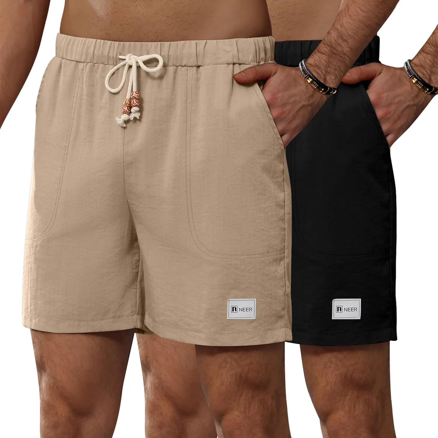 Neer 2 Pack Men's Linen Casual Shorts Elastic Waist Drawstring with Pockets Baggy Short Stretch Summer Athletic Beach Pants