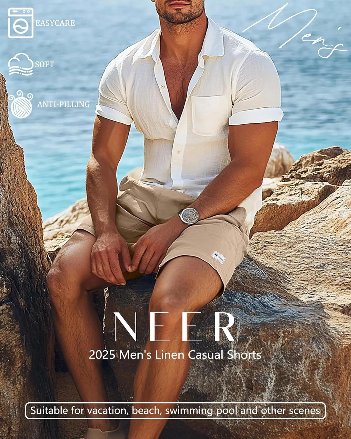 Neer 2 Pack Men's Linen Casual Shorts Elastic Waist Drawstring with Pockets Baggy Short Stretch Summer Athletic Beach Pants
