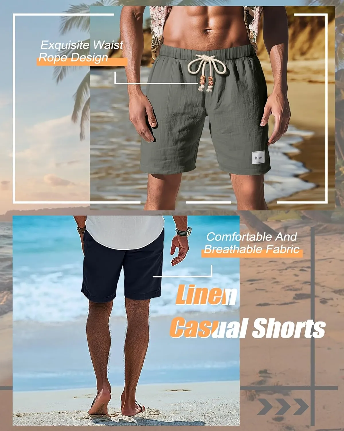 Neer 2 Pack Men's Linen Casual Shorts Elastic Waist Drawstring with Pockets Baggy Short Stretch Summer Athletic Beach Pants