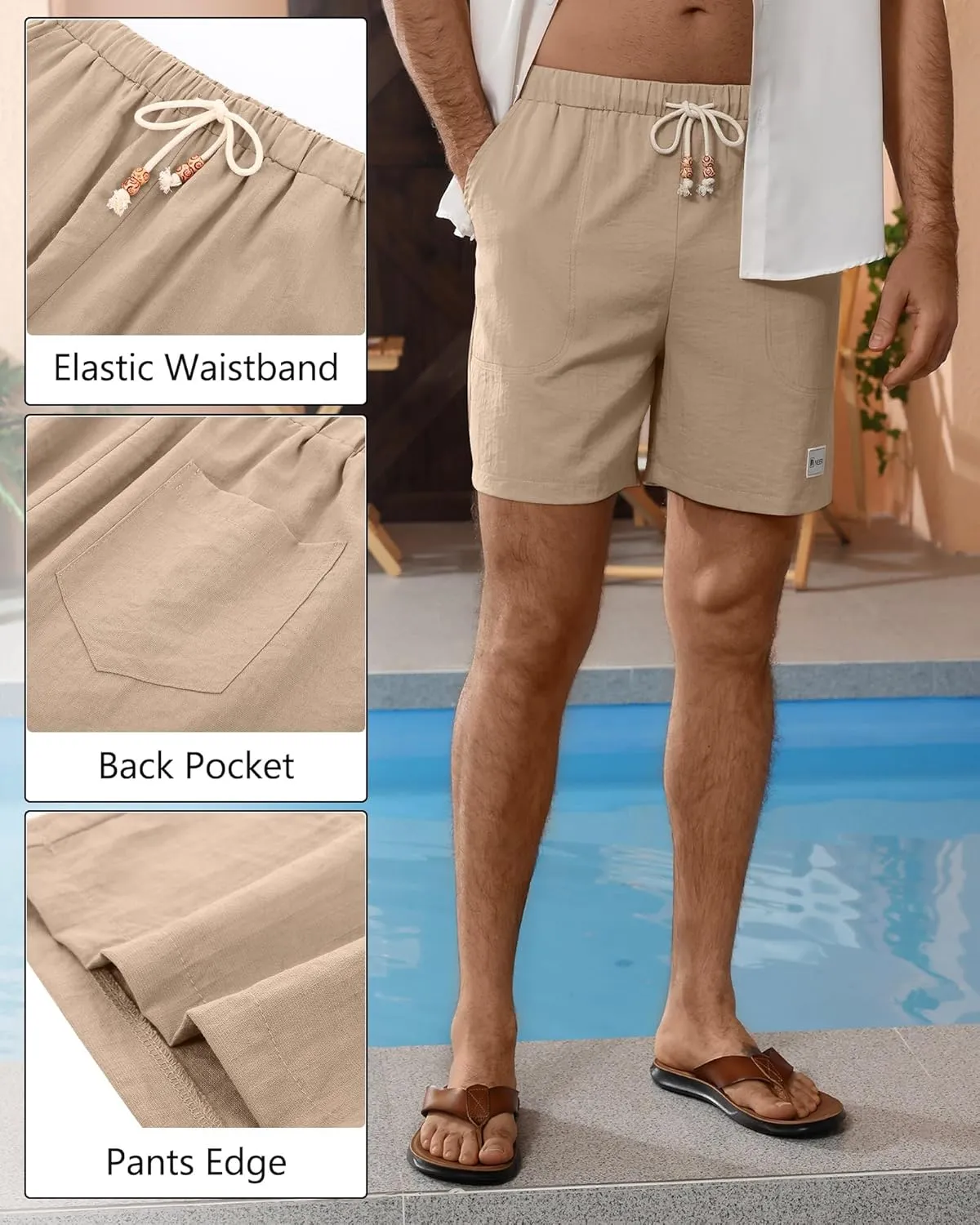 Neer 2 Pack Men's Linen Casual Shorts Elastic Waist Drawstring with Pockets Baggy Short Stretch Summer Athletic Beach Pants