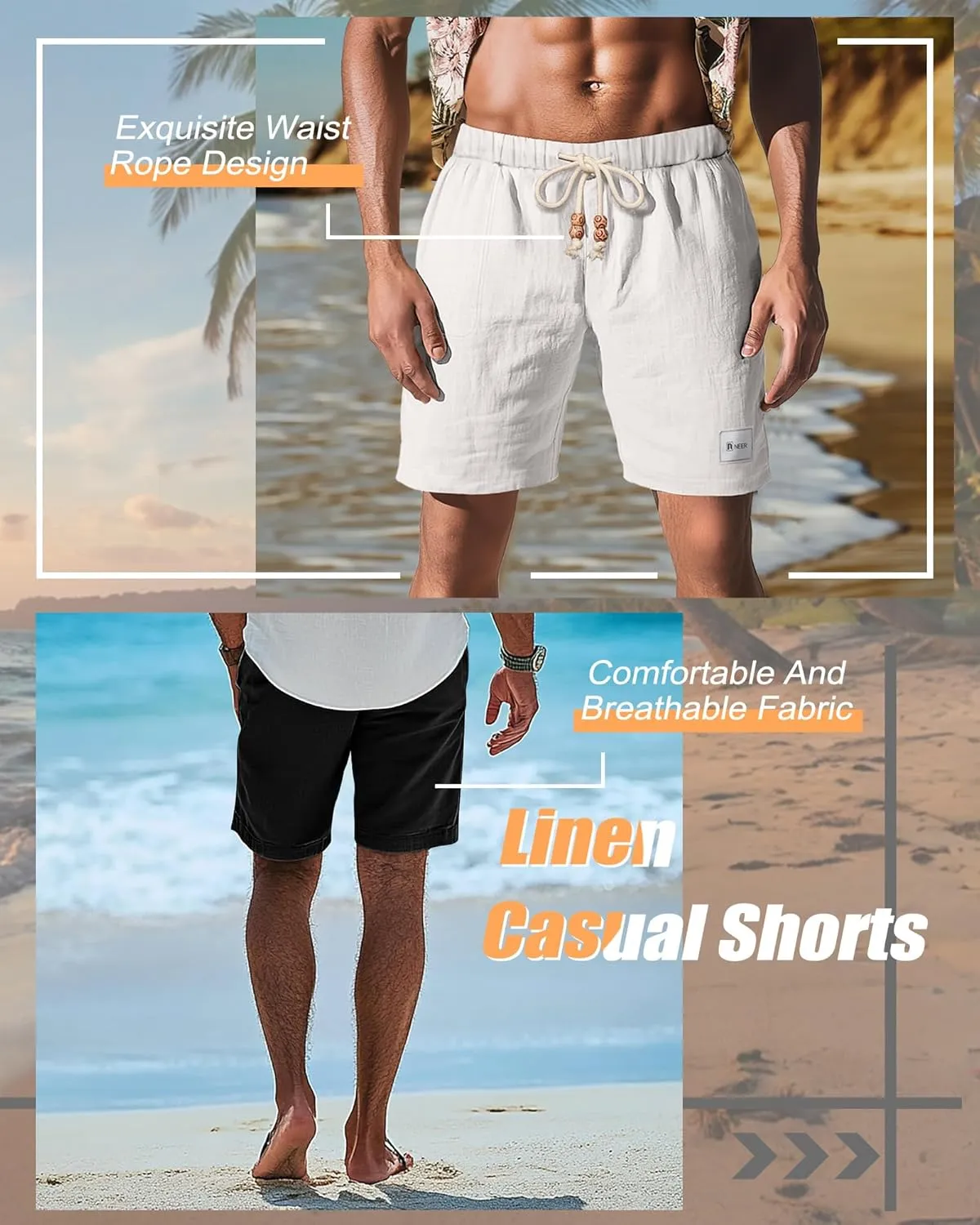 Neer 2 Pack Men's Linen Casual Shorts Elastic Waist Drawstring with Pockets Baggy Short Stretch Summer Athletic Beach Pants