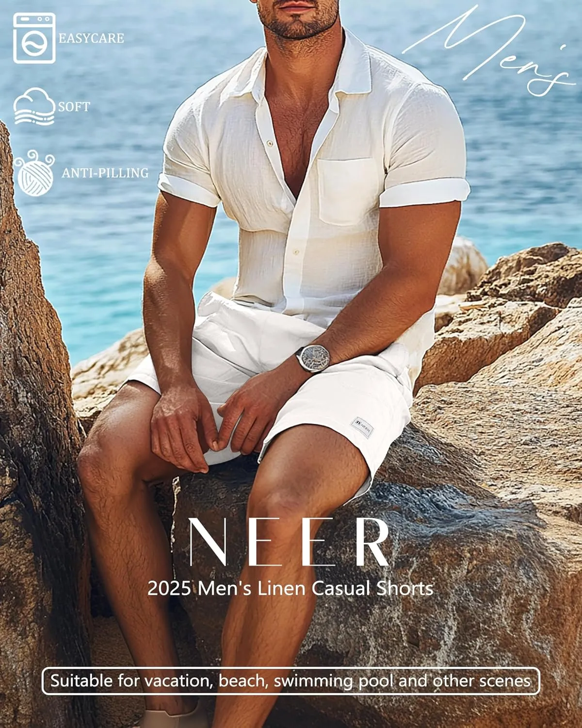 Neer 2 Pack Men's Linen Casual Shorts Elastic Waist Drawstring with Pockets Baggy Short Stretch Summer Athletic Beach Pants