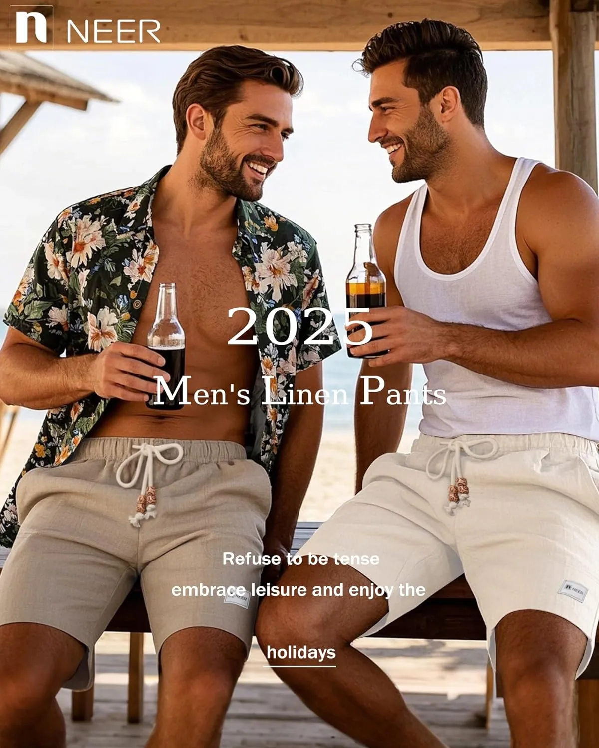 Neer 2 Pack Men's Linen Casual Shorts Elastic Waist Drawstring with Pockets Baggy Short Stretch Summer Athletic Beach Pants