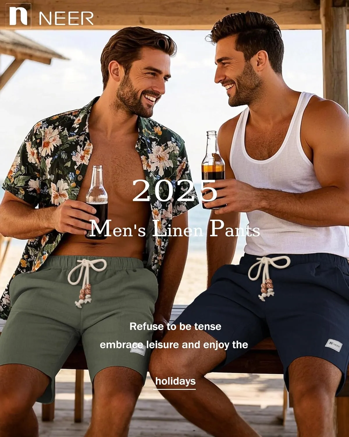Neer 2 Pack Men's Linen Casual Shorts Elastic Waist Drawstring with Pockets Baggy Short Stretch Summer Athletic Beach Pants