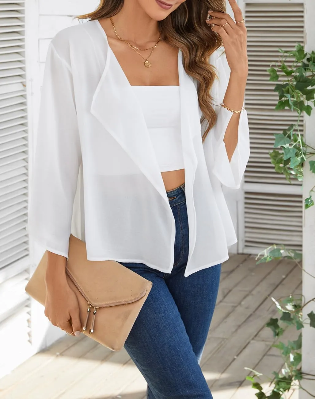 olrain Women Summer Tops 3/4 Chiffon Kimono Cardigans Short Shrugs Cusual Loose Open Front Bolero Cape Cover Up