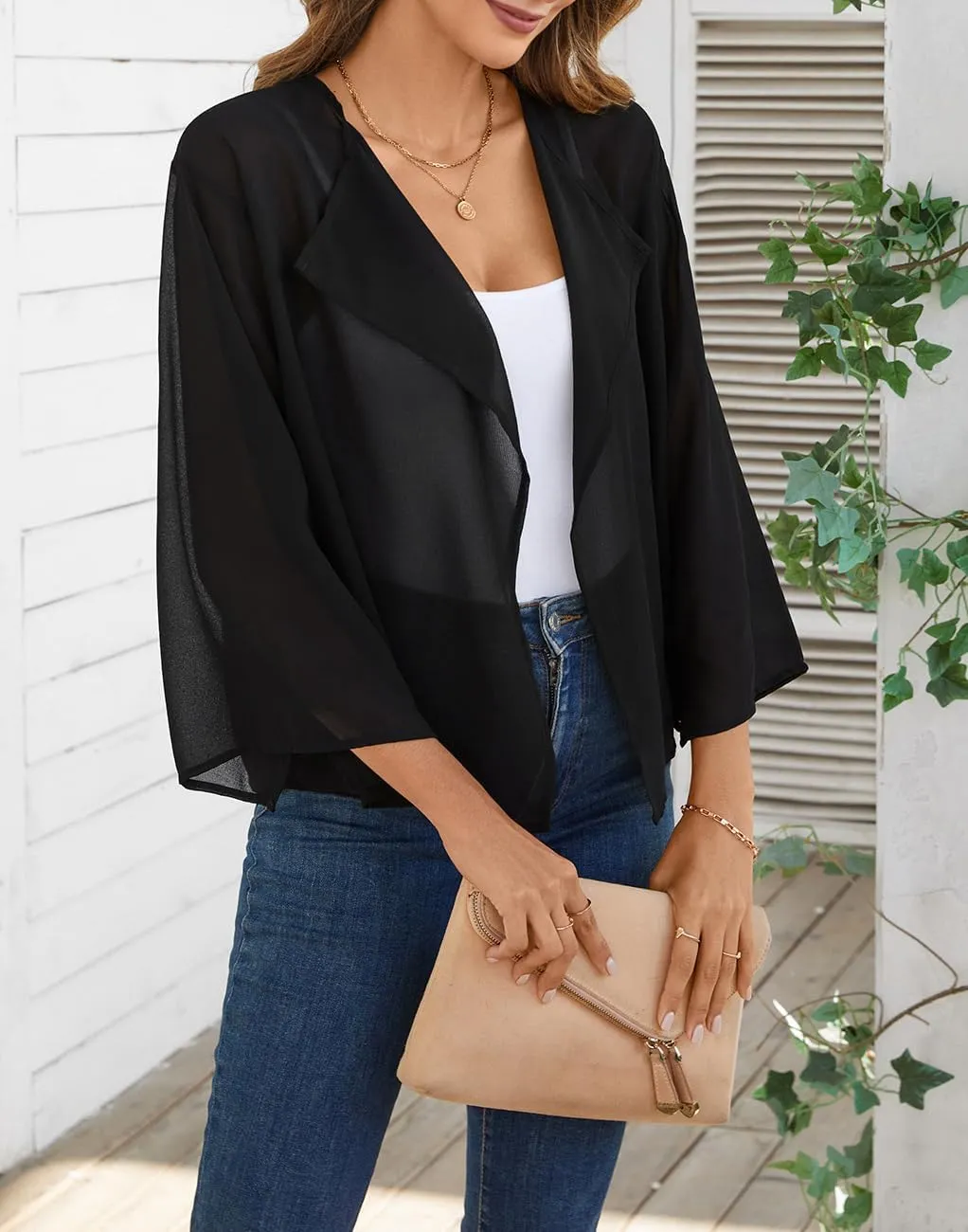 olrain Women Summer Tops 3/4 Chiffon Kimono Cardigans Short Shrugs Cusual Loose Open Front Bolero Cape Cover Up