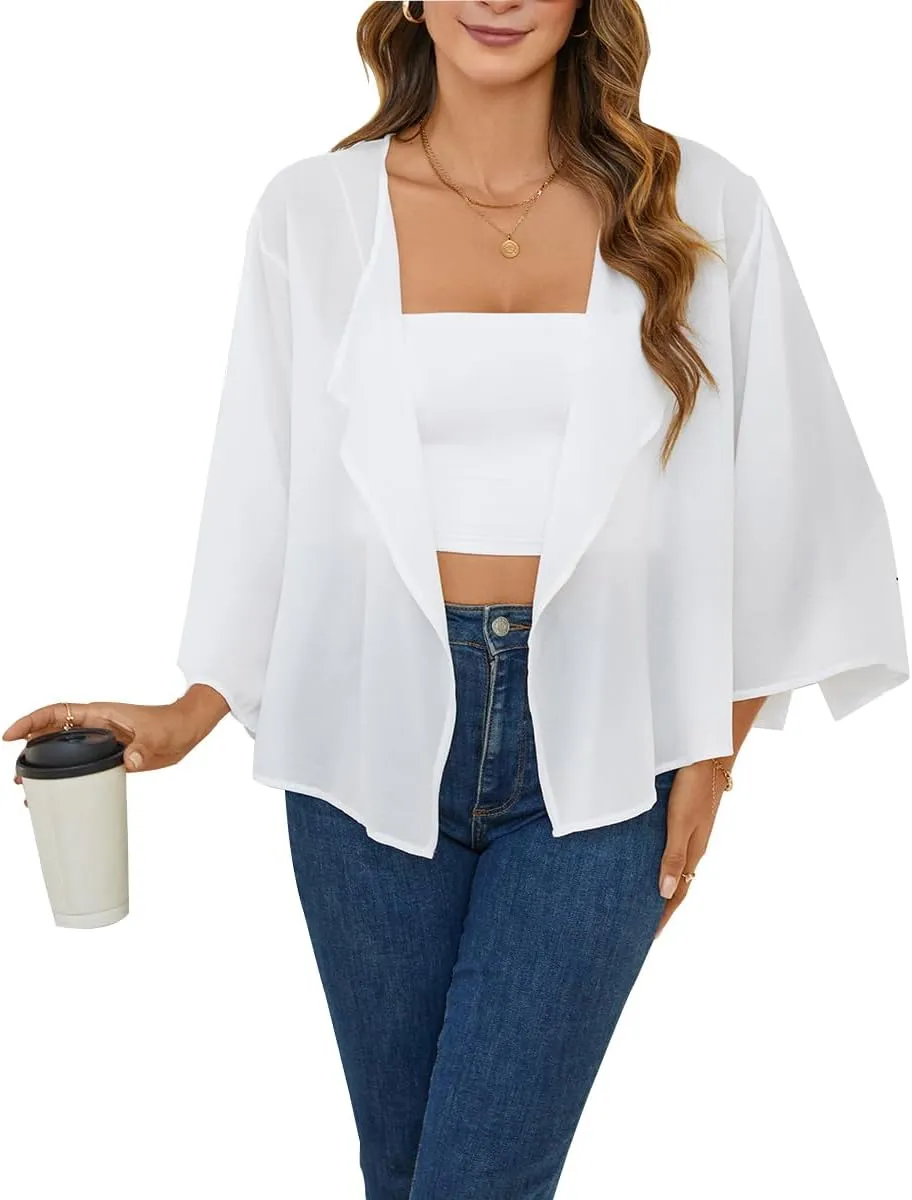 olrain Women Summer Tops 3/4 Chiffon Kimono Cardigans Short Shrugs Cusual Loose Open Front Bolero Cape Cover Up
