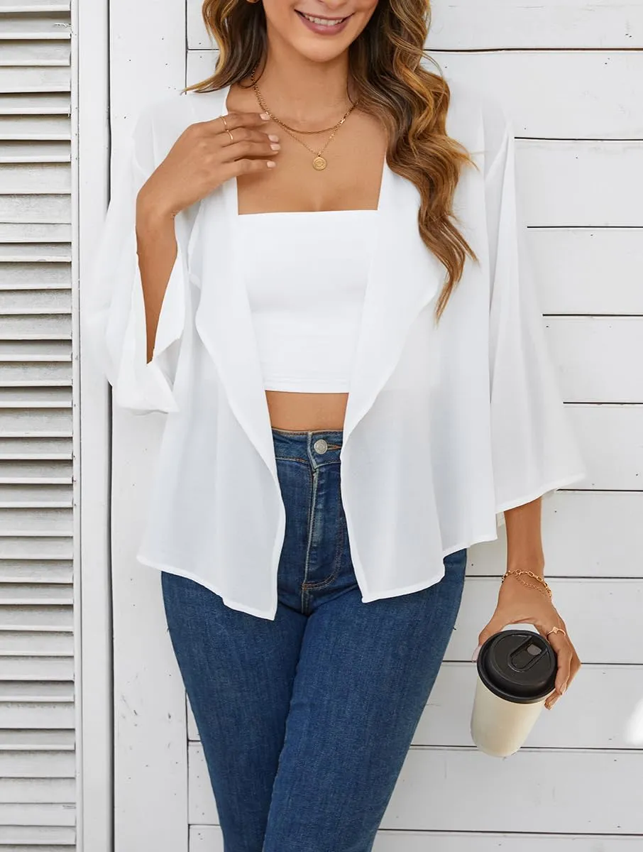 olrain Women Summer Tops 3/4 Chiffon Kimono Cardigans Short Shrugs Cusual Loose Open Front Bolero Cape Cover Up
