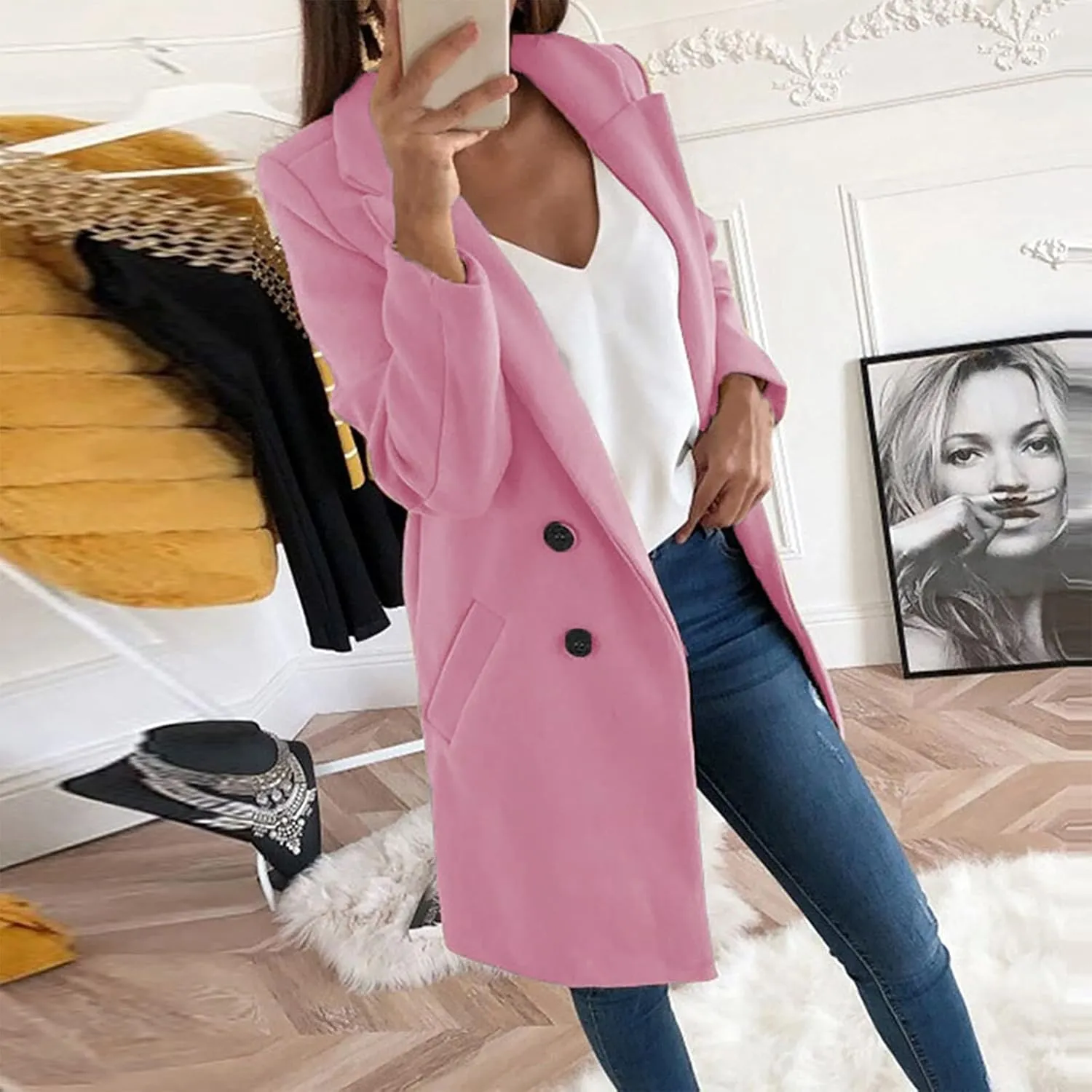 Pea Coats For Women,2024 Trendy Classic Notched Lapel Collar Double Breasted Trench Coat Mid Slim Fit Winter Coats