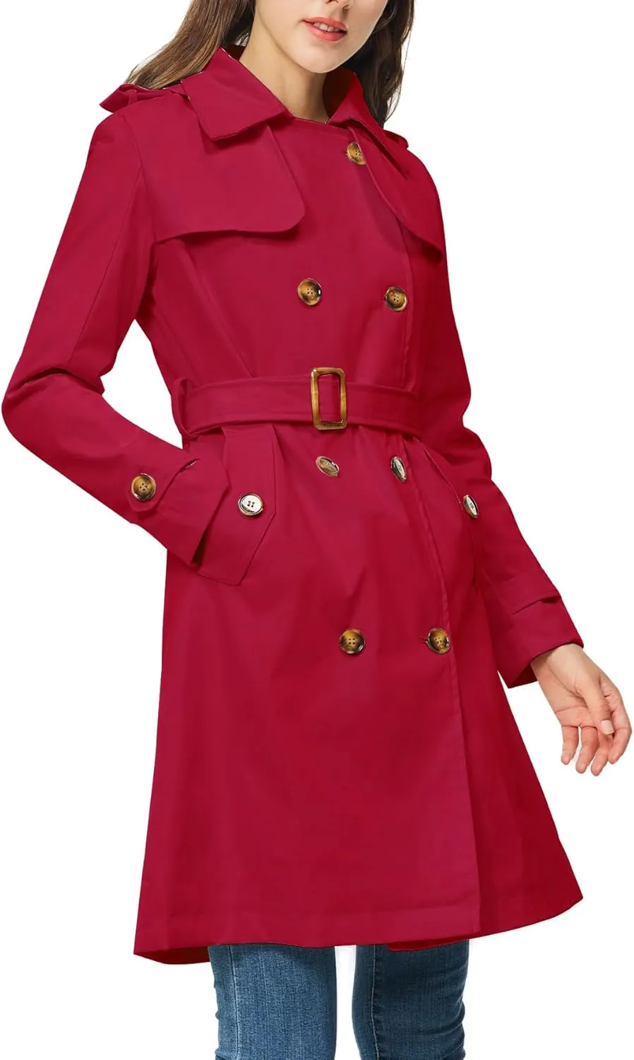 Rasujie Women's Trench Coat Double Breasted Classic Lapel Overcoat Belted Jacket with Detachable Hood