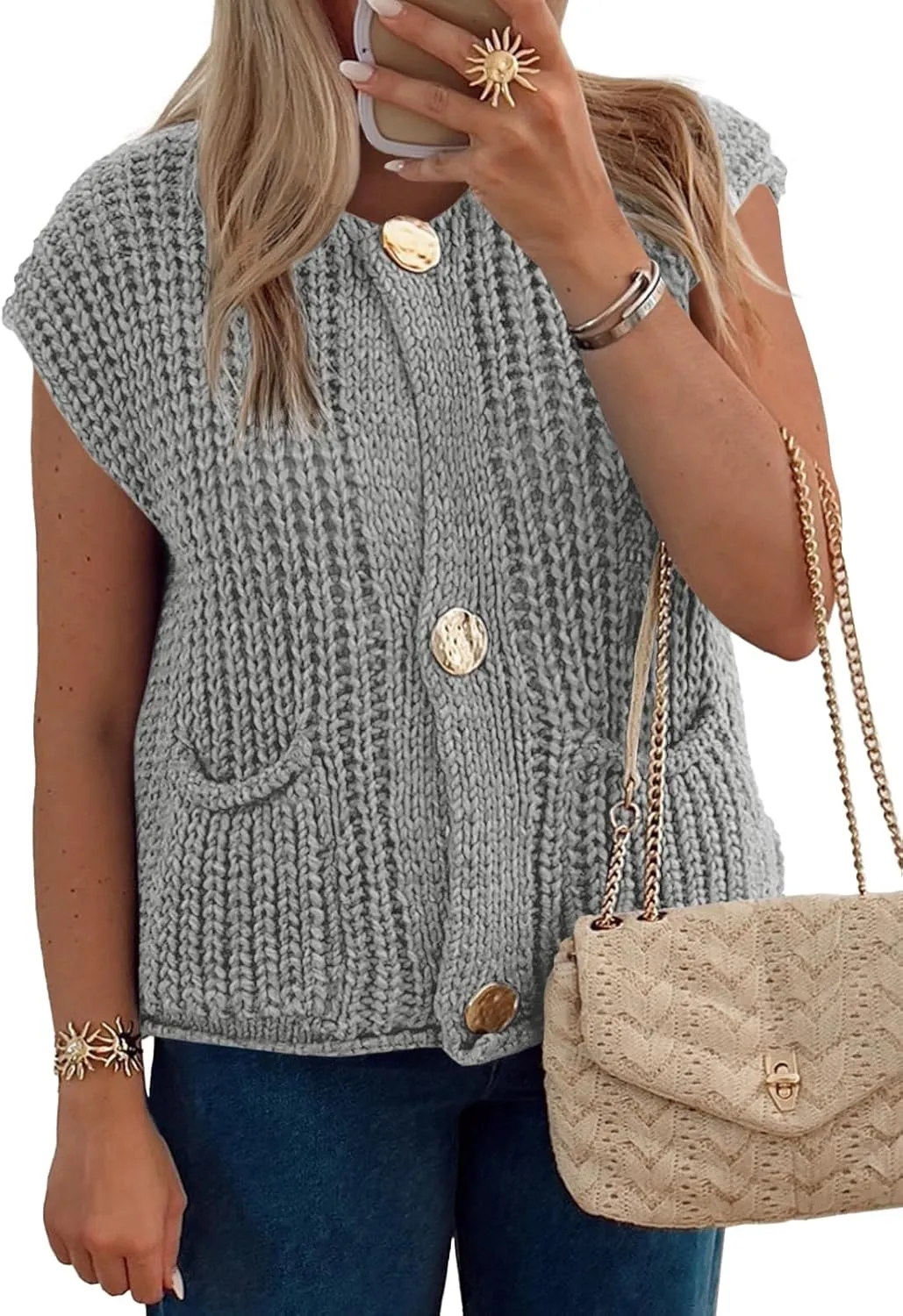 Saodimallsu Womens Sleeveless Cropped Sweater Vest Crochet Chunky Knit Button Down Cardigan Vests Tops with Pockets