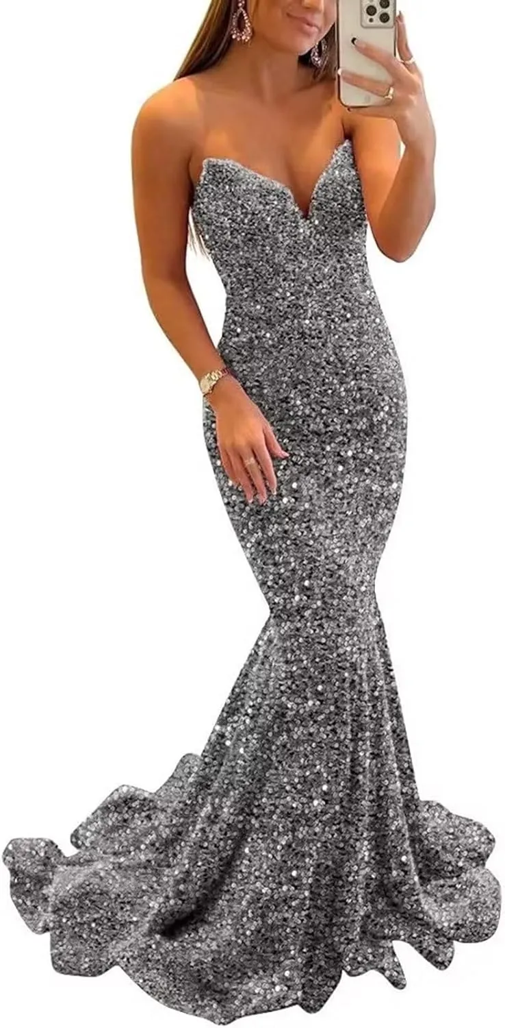 Sequin Prom Dresses for Women Mermaid Long Evening Gowns Sparkly V-Neck Formal Dress