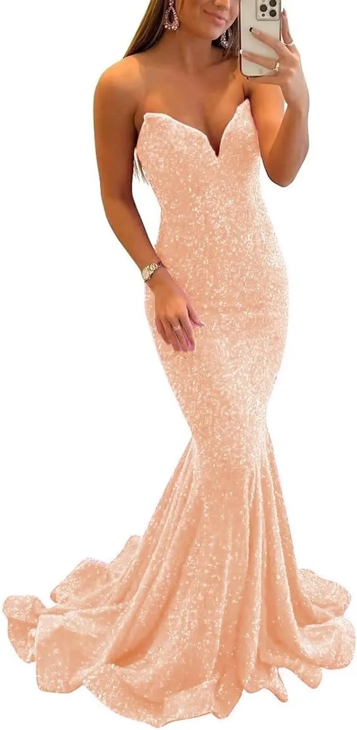 Sequin Prom Dresses for Women Mermaid Long Evening Gowns Sparkly V-Neck Formal Dress