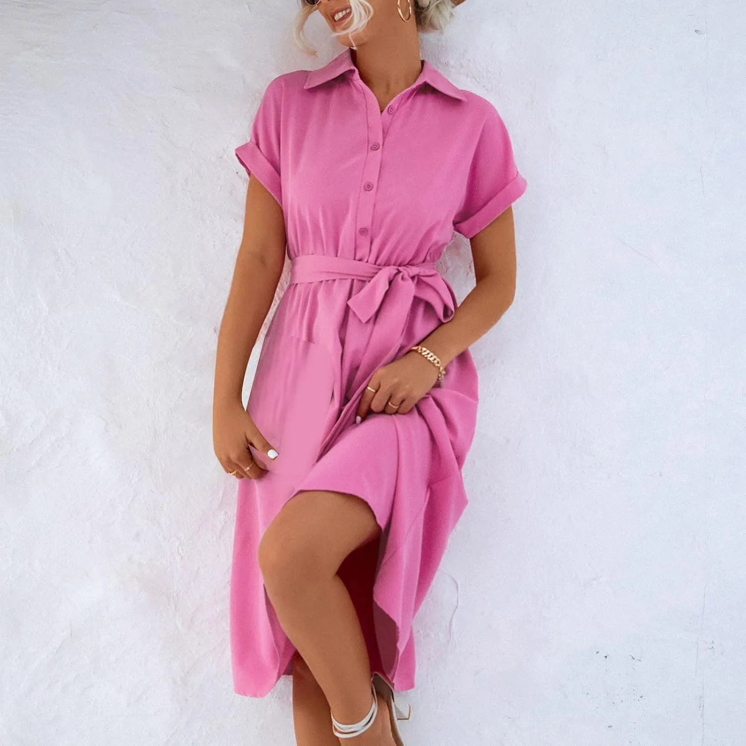 Shirt Dresses for Women, Knee Length Short Sleeve Midi Dress Casual Lapel Neck Button Front Tie Waist Wrap Dress