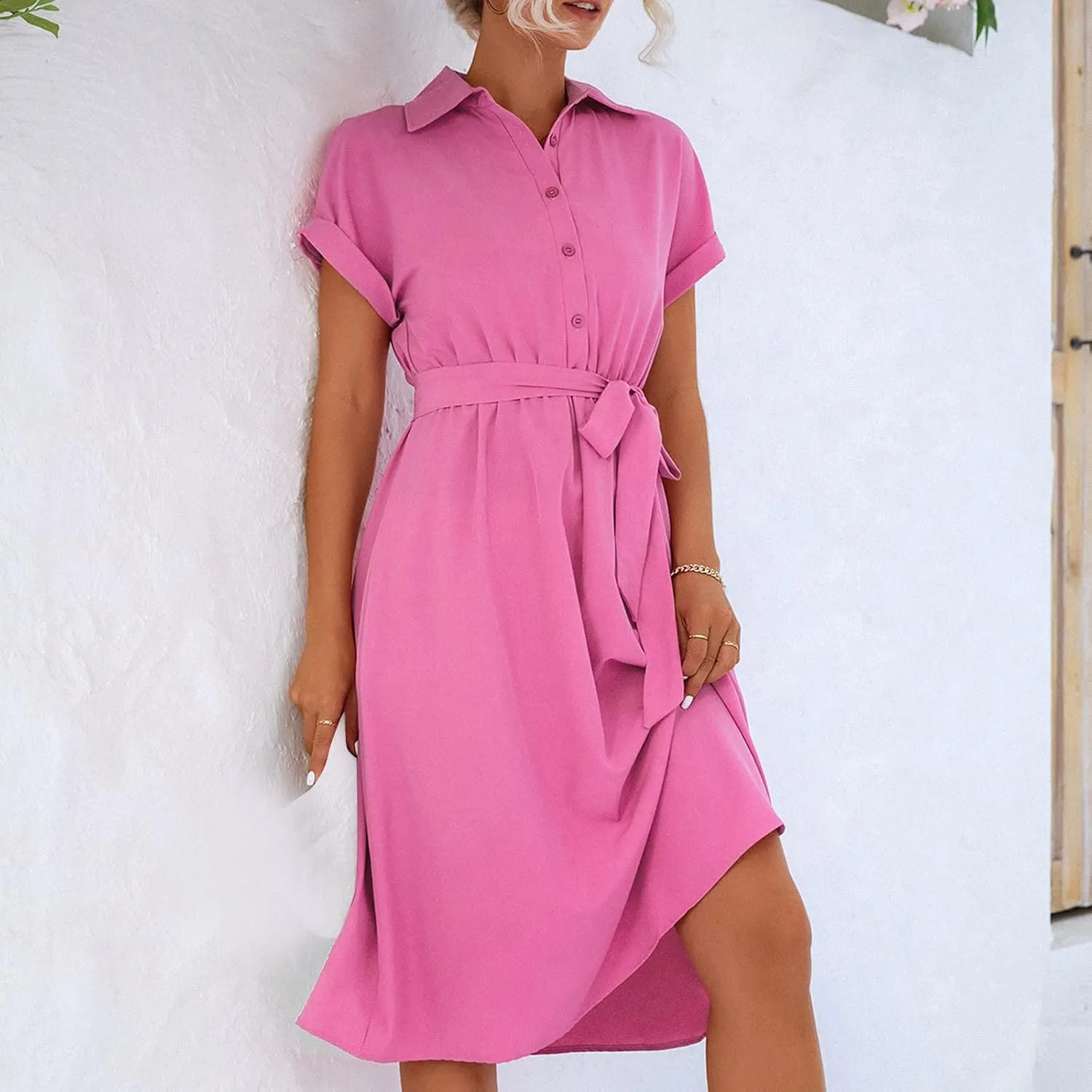 Shirt Dresses for Women, Knee Length Short Sleeve Midi Dress Casual Lapel Neck Button Front Tie Waist Wrap Dress
