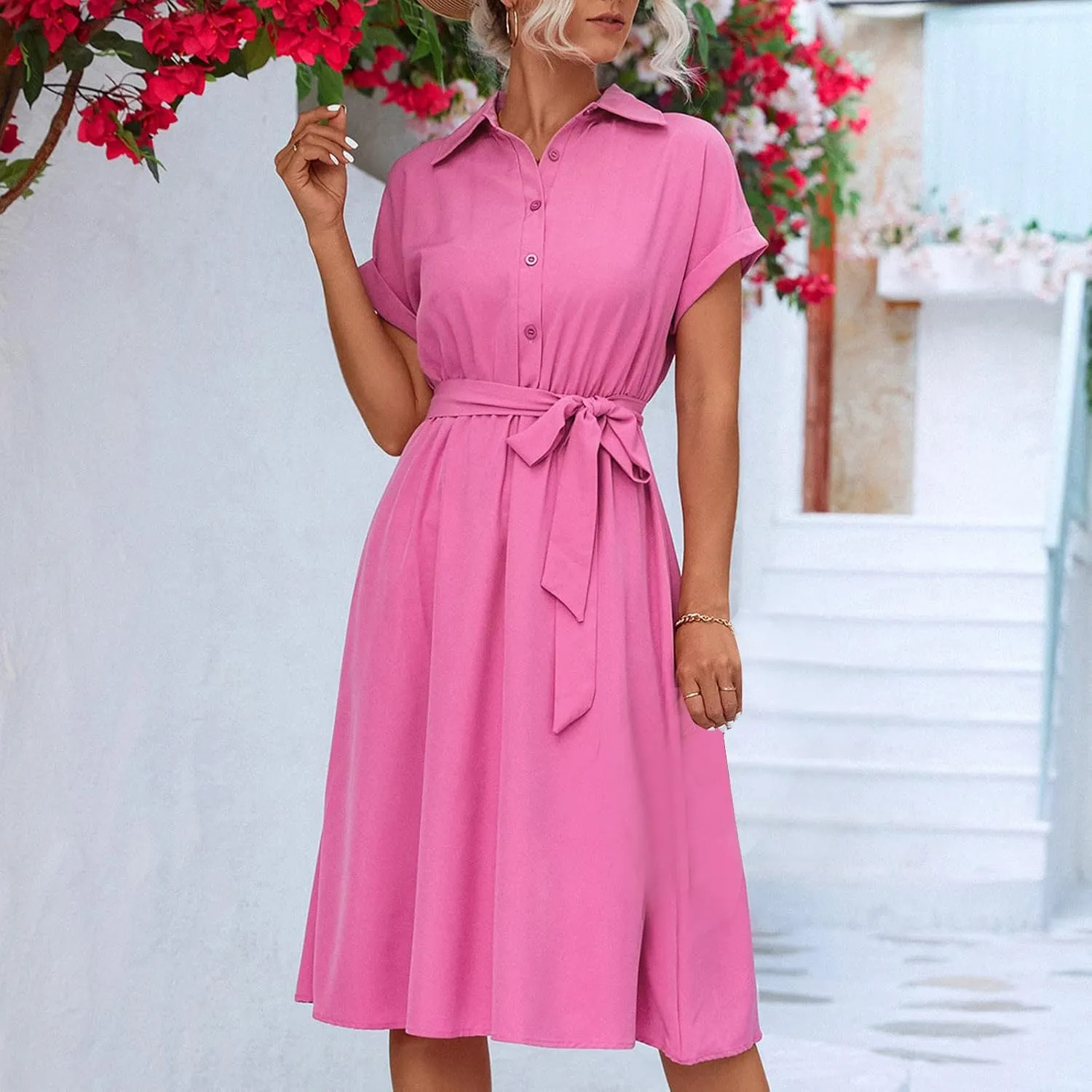 Shirt Dresses for Women, Knee Length Short Sleeve Midi Dress Casual Lapel Neck Button Front Tie Waist Wrap Dress
