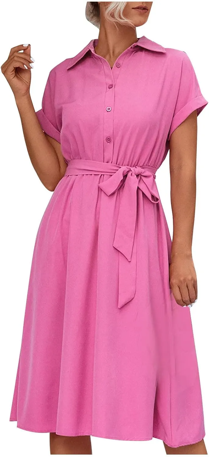 Shirt Dresses for Women, Knee Length Short Sleeve Midi Dress Casual Lapel Neck Button Front Tie Waist Wrap Dress