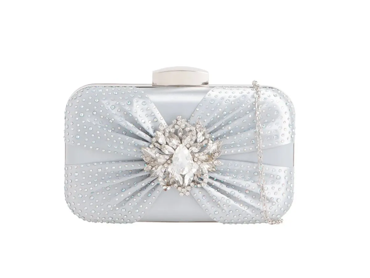 Silver Satin & Diamante Hard Clutch Bag