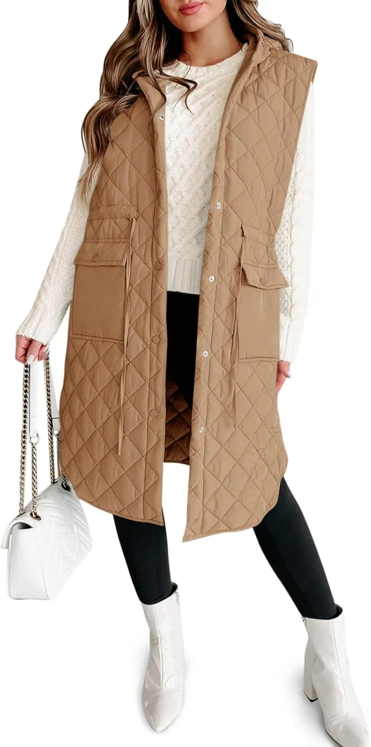 Tankaneo Women's Long Puffer Vest Sleeveless Hood Quilted Winter Outwear Warm Jackets Coats