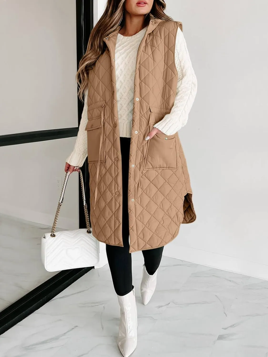 Tankaneo Women's Long Puffer Vest Sleeveless Hood Quilted Winter Outwear Warm Jackets Coats