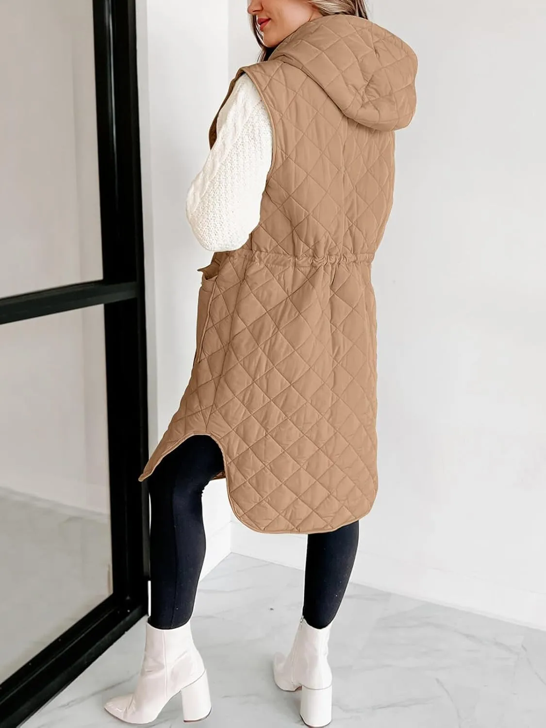 Tankaneo Women's Long Puffer Vest Sleeveless Hood Quilted Winter Outwear Warm Jackets Coats