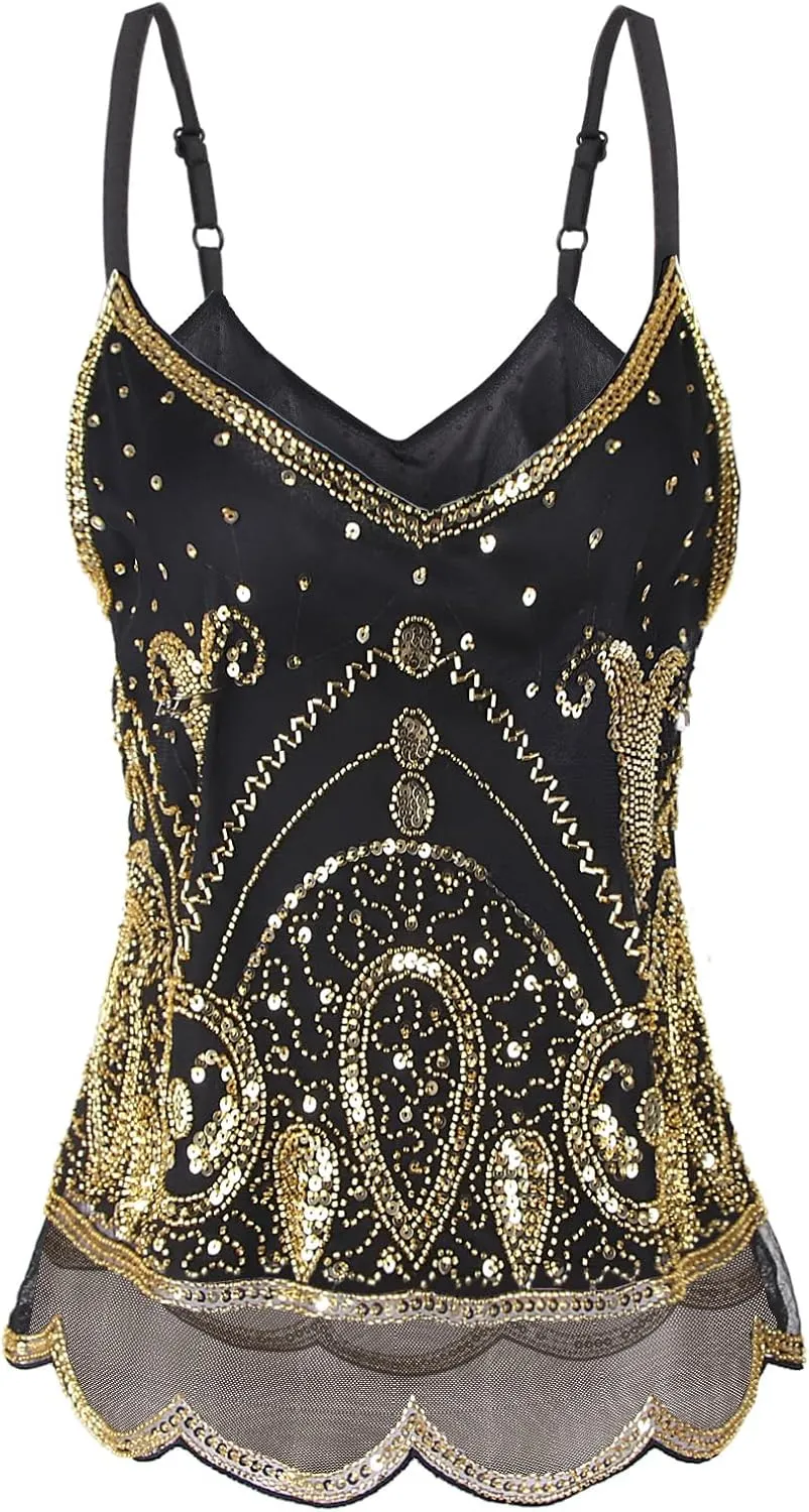 Vijiv Women's 1920s Inspired Beaded Sequin Top Shimmer Glitter Blouse V Neck Tank Top Formal Gatsby Shirt