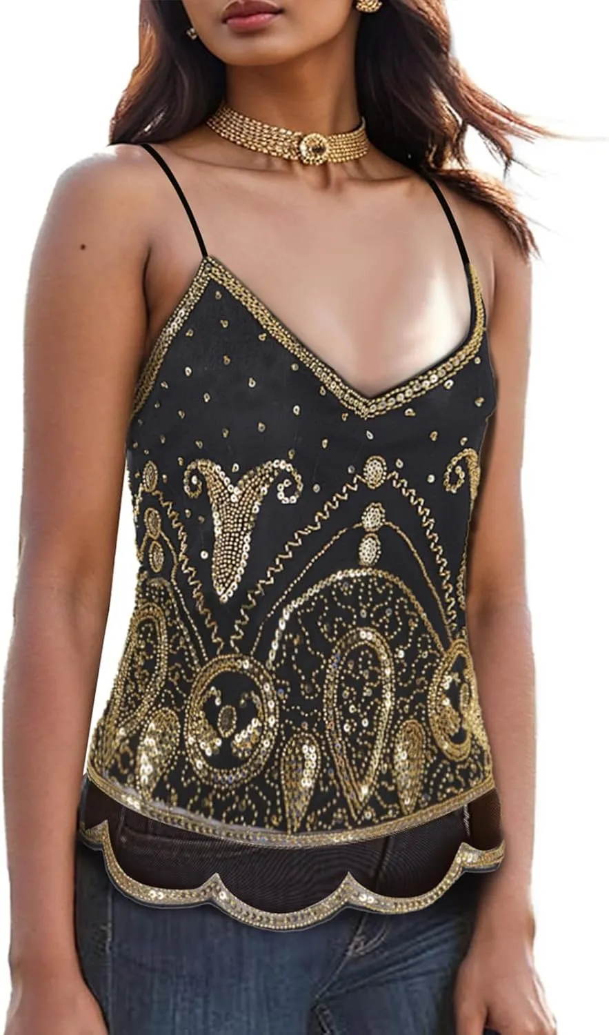 Vijiv Women's 1920s Inspired Beaded Sequin Top Shimmer Glitter Blouse V Neck Tank Top Formal Gatsby Shirt