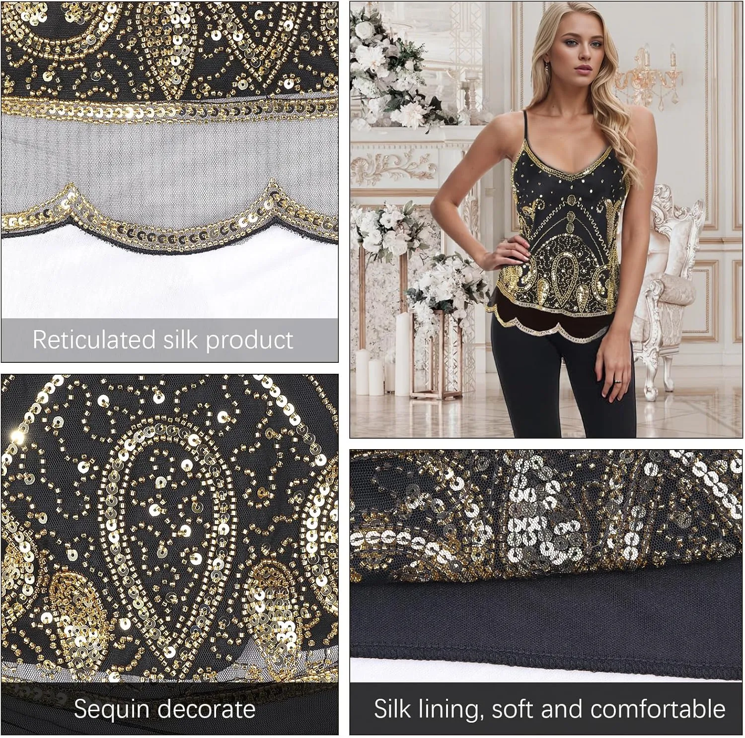 Vijiv Women's 1920s Inspired Beaded Sequin Top Shimmer Glitter Blouse V Neck Tank Top Formal Gatsby Shirt