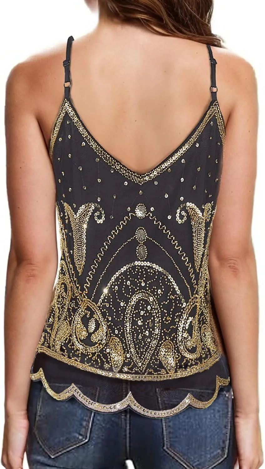 Vijiv Women's 1920s Inspired Beaded Sequin Top Shimmer Glitter Blouse V Neck Tank Top Formal Gatsby Shirt