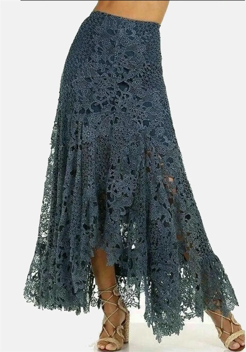 Women Lace Asymmetrical Skirt Vintage Boho High Waist Hollow Mesh Patchwork Layered Maxi Skirts